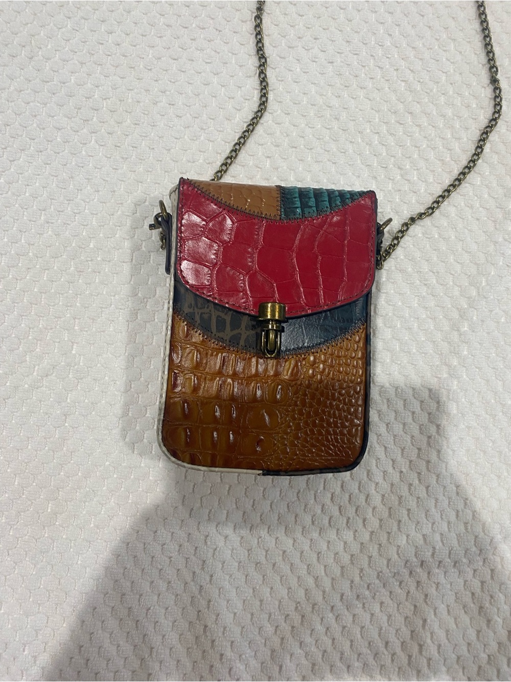 Multi-Color Croc-Embossed Leather Crossbody Bag - Red/Brown